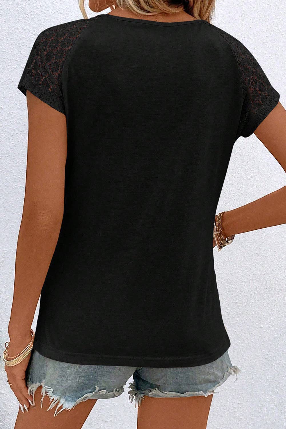 Black Lace Sleeve Keyhole Decor Top