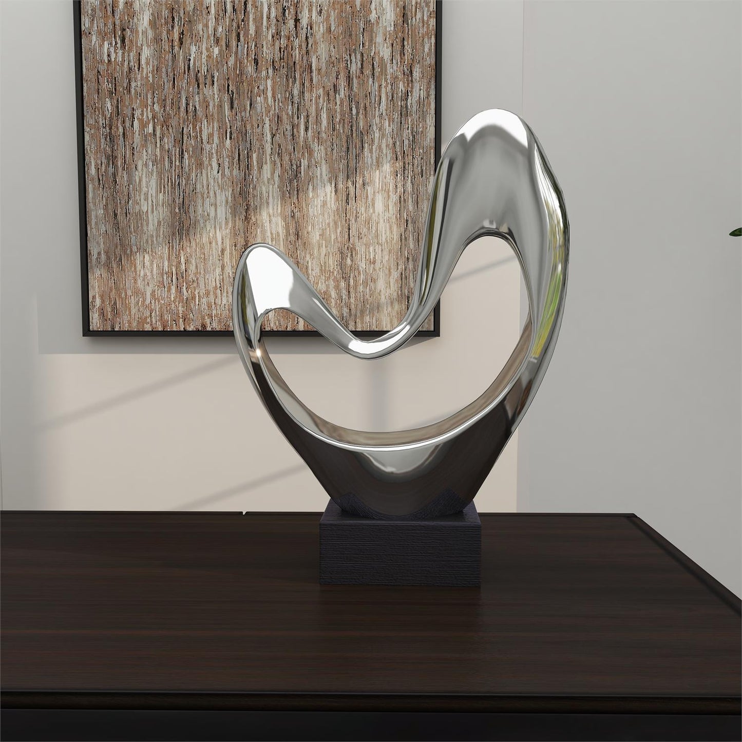 Silver Polystone Abstract Sculpture with Black Base, 10" x 5" x 14"