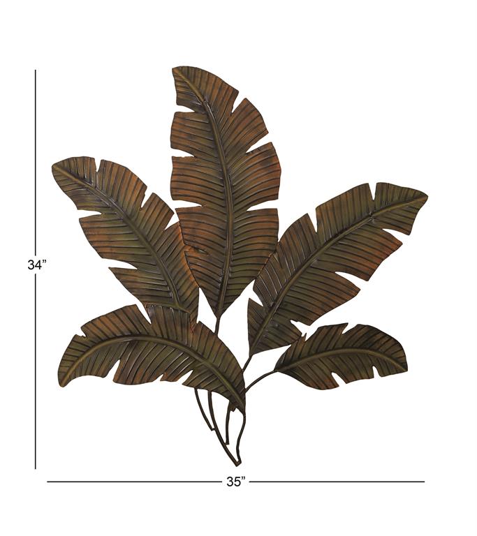 BROWN METAL LEAF CLUTTER PALM WALL DECOR WITH DISTRESSED TEXTURED