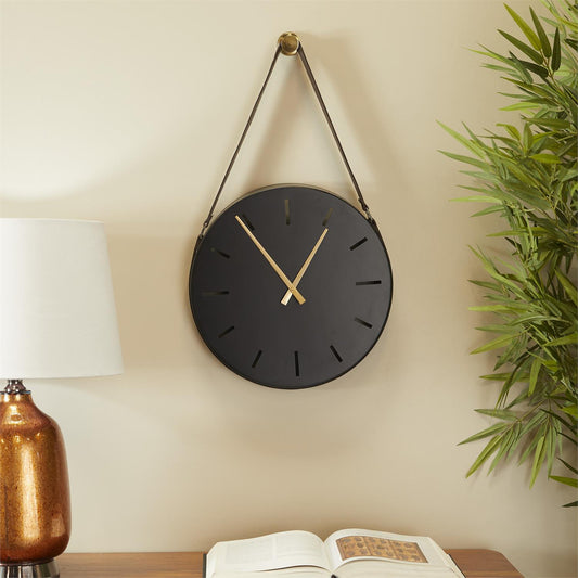 Black and Gold Leather Wall Clock 16W 27H