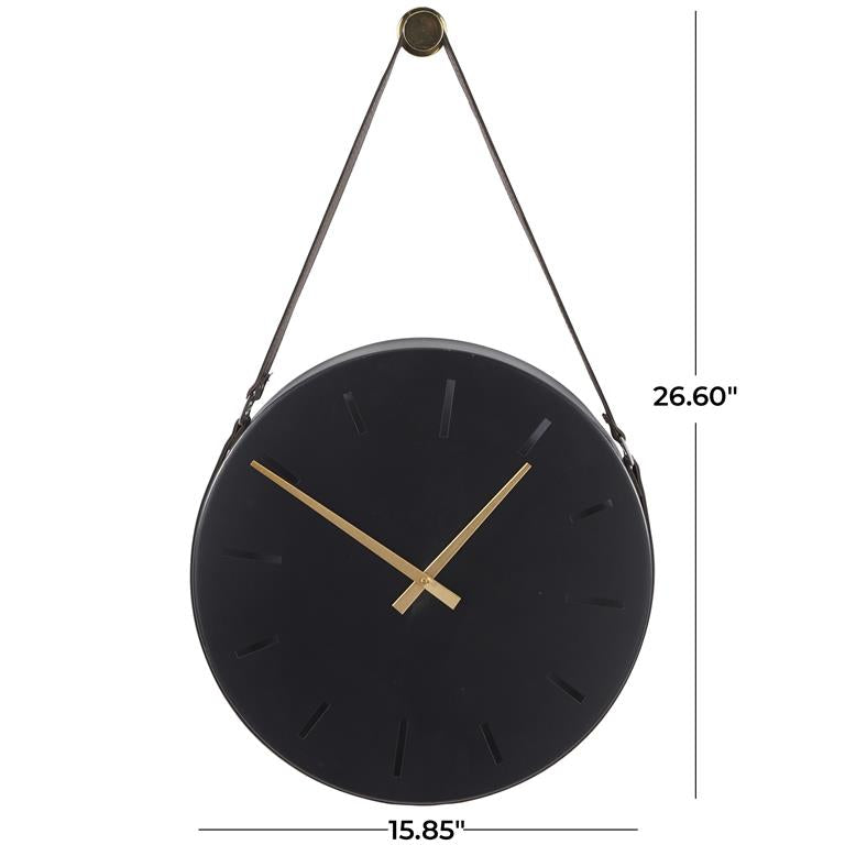 Black and Gold Leather Wall Clock 16W 27H