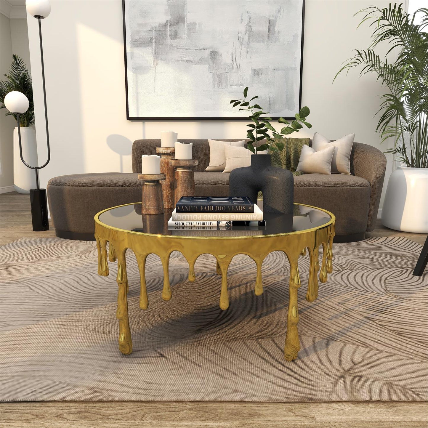 GOLD ALUMINUM METAL DRIP COFFEE TABLE WITH MELTING DESIGNED LEGS AND SHADED GLASS TOP