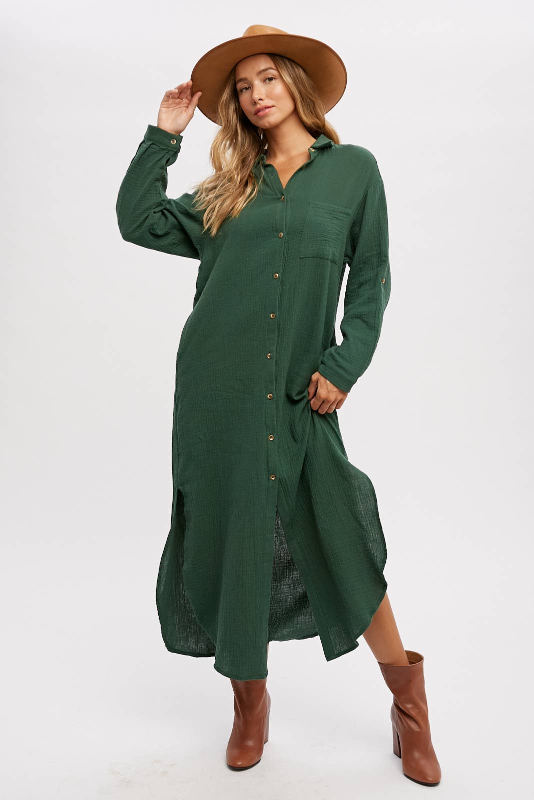 BUTTON UP MAXI SHIRT DRESS WITH POCKET