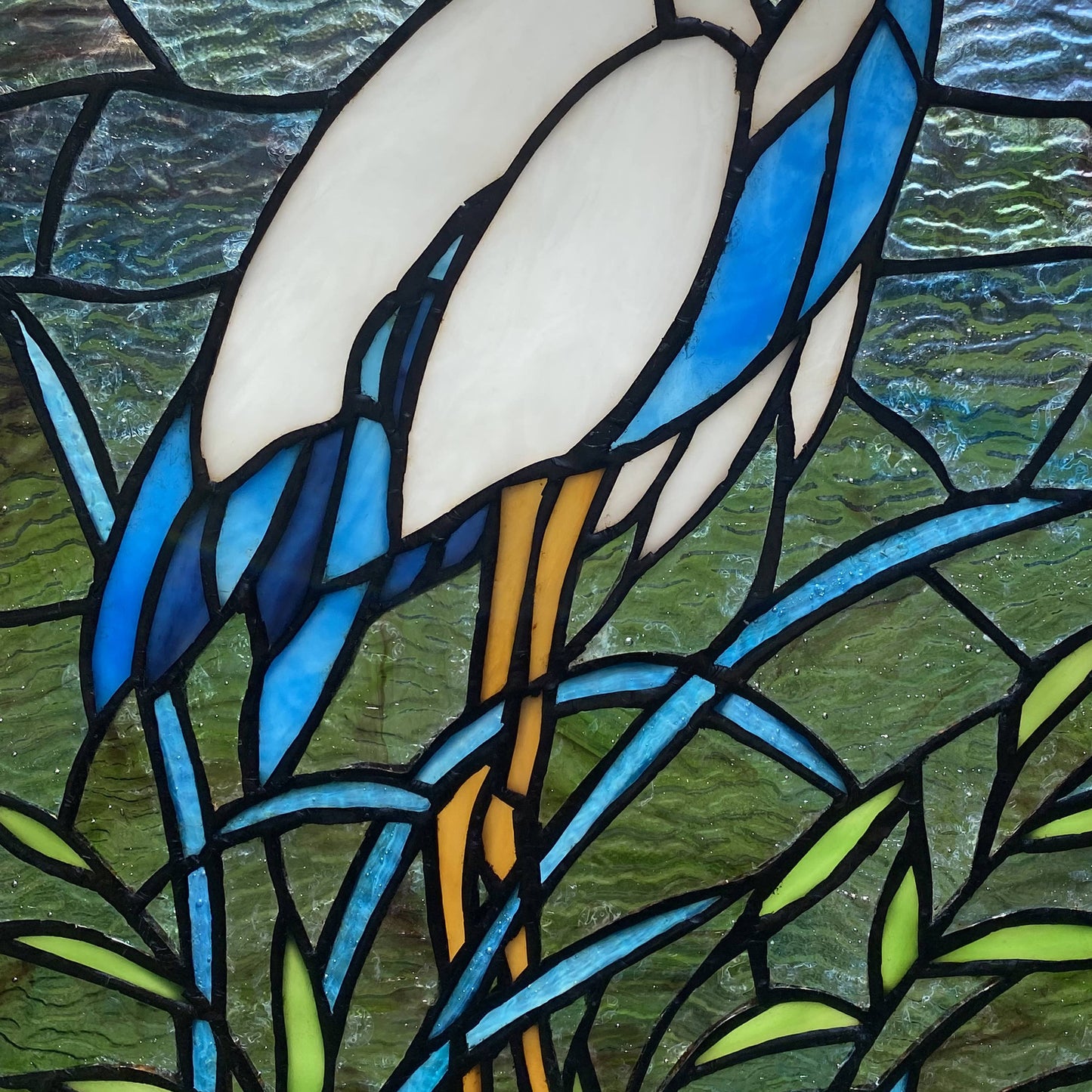 18"H Majestic White & Blue Crane Stained Glass Window Panel