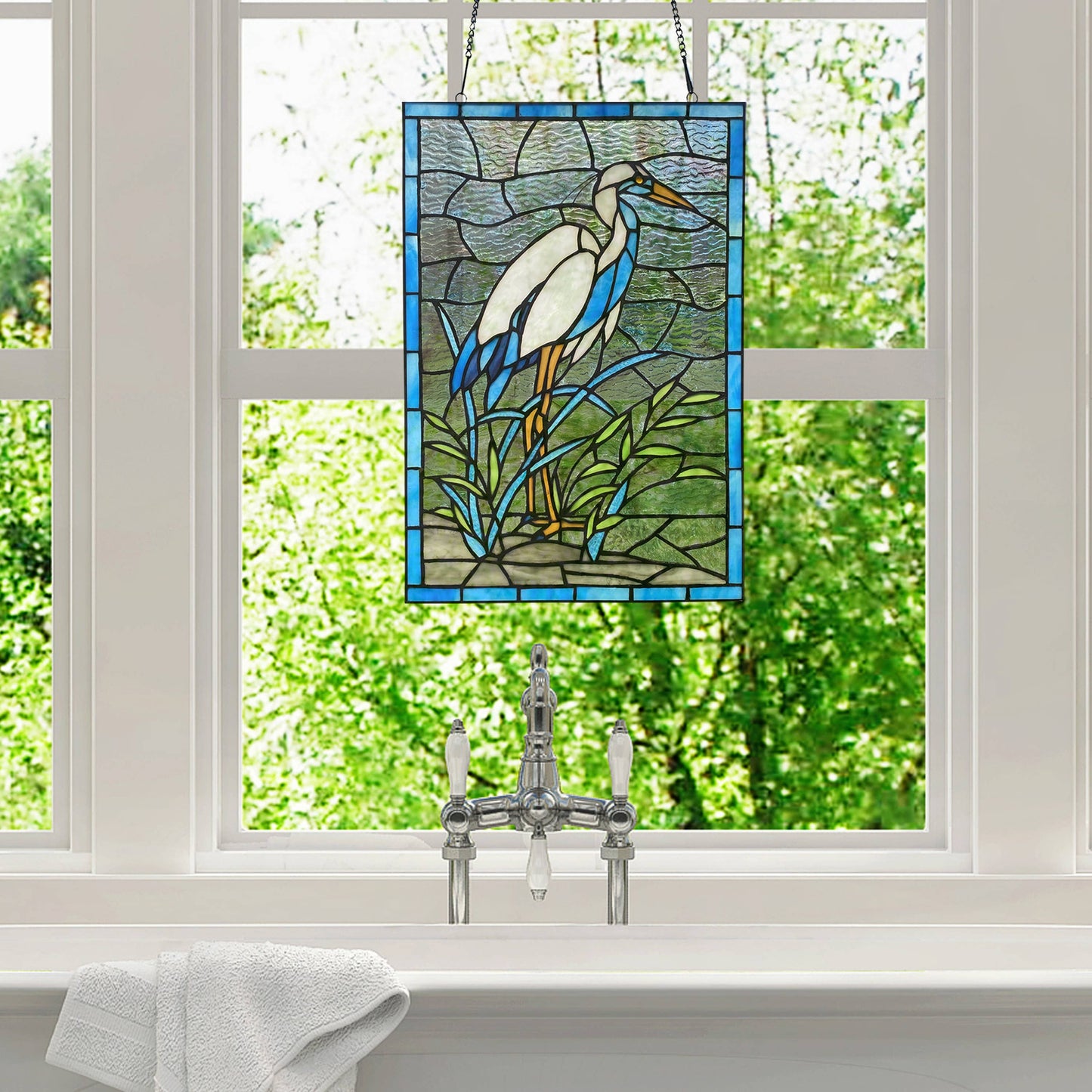 18"H Majestic White & Blue Crane Stained Glass Window Panel