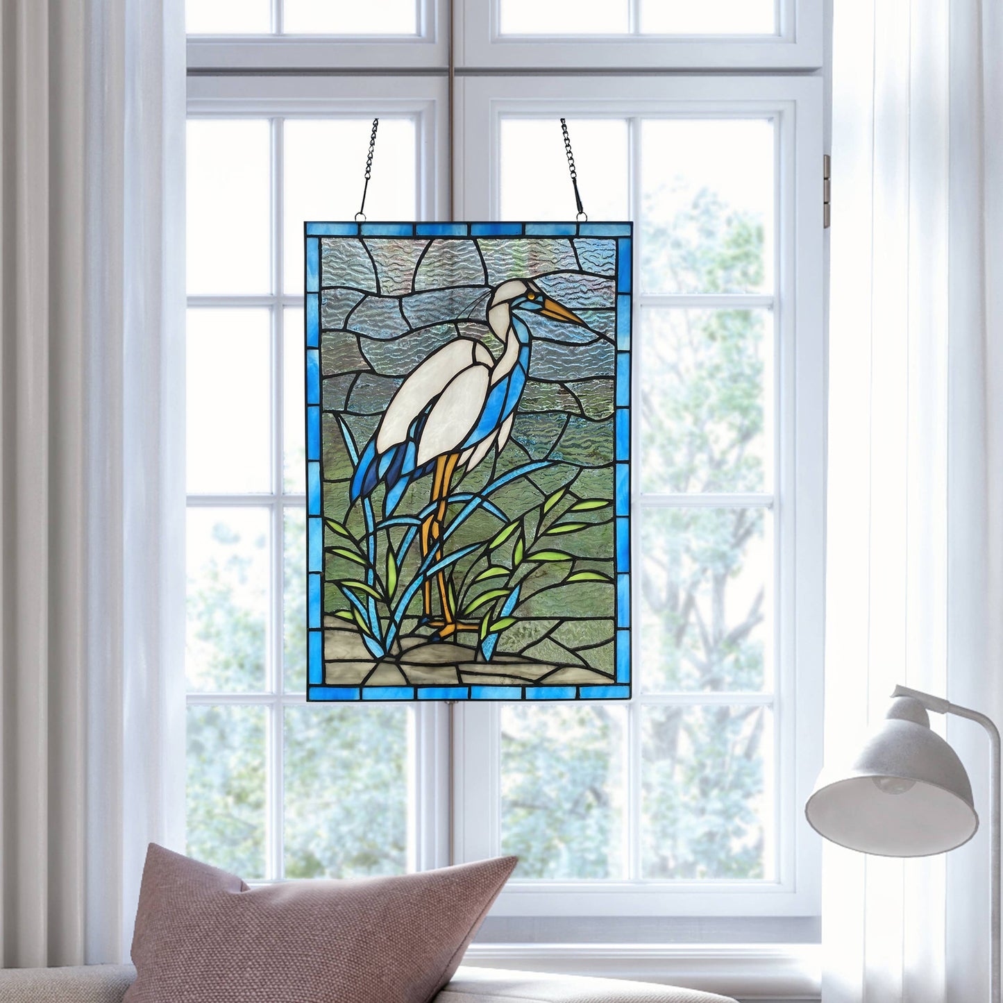 18"H Majestic White & Blue Crane Stained Glass Window Panel