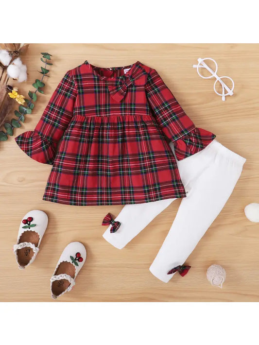 2pcs Plaid Red top Bow Pant Set 3-6