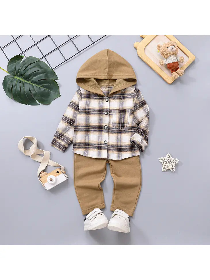 2pcs Brown Plaid Hooded Set 12-18