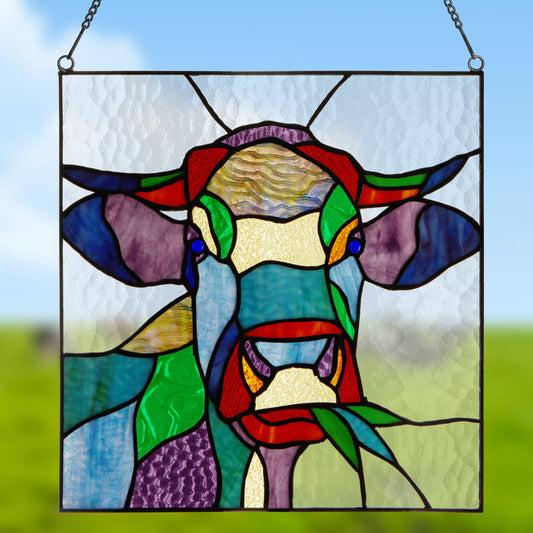 12.5"H Colton the  Multicolor Cow Stained Glass Window Panel