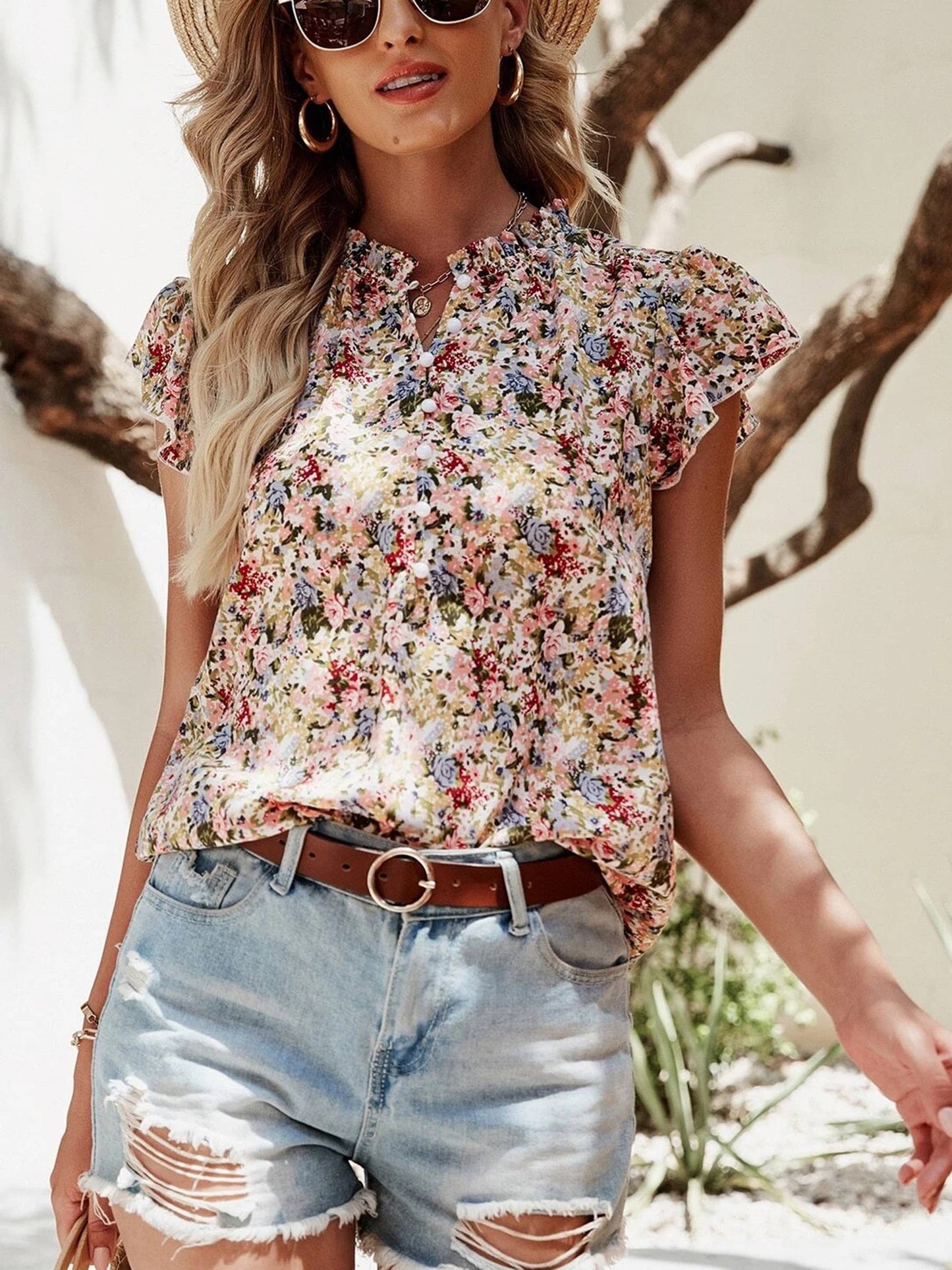 Floral Pullover Loose Ruffle Sleeve Shirt