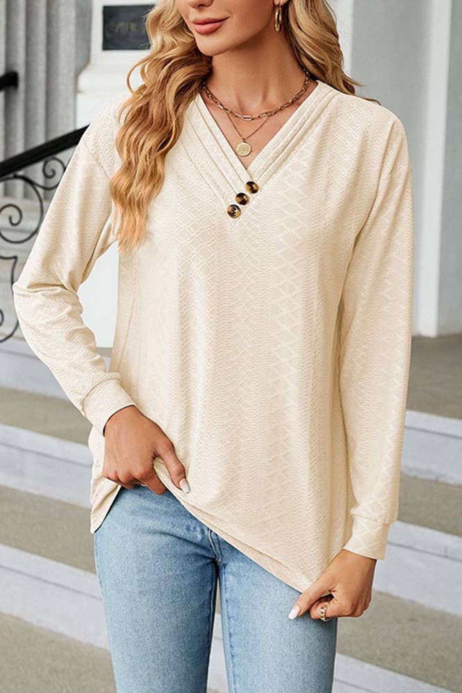 Solid V Neck Buttoned Jacquard Fall Blouse Top