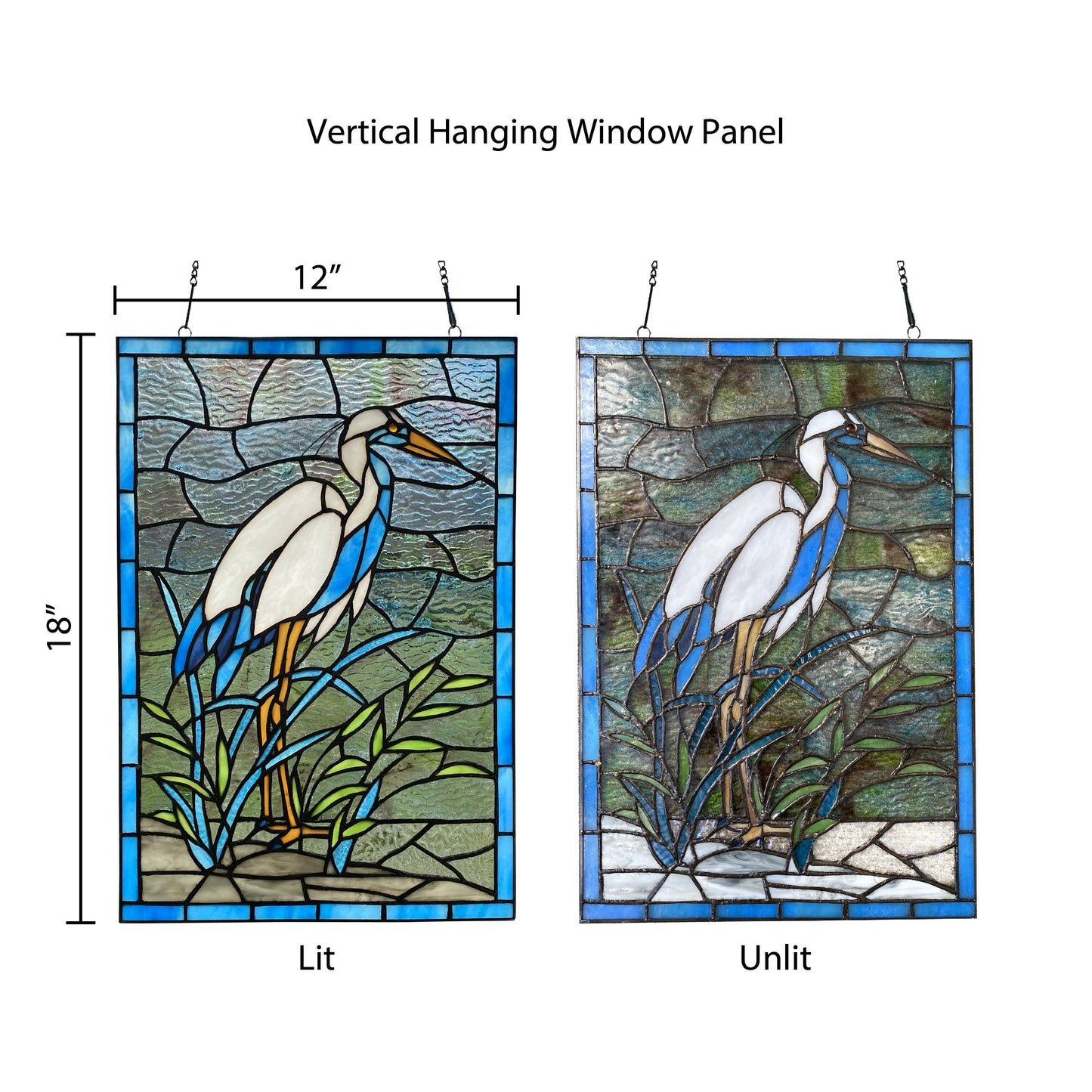 18"H Majestic White & Blue Crane Stained Glass Window Panel