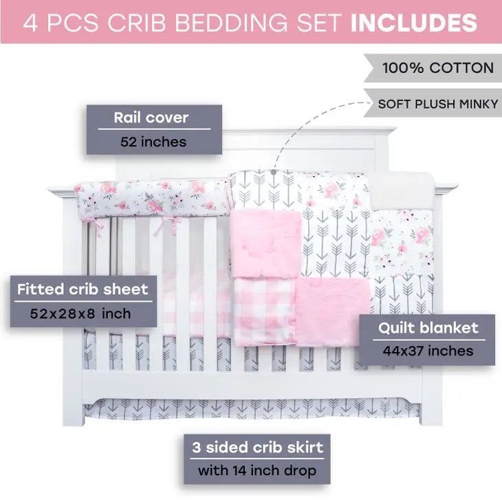 4 Piece Crib Bedding Set, Pink Floral