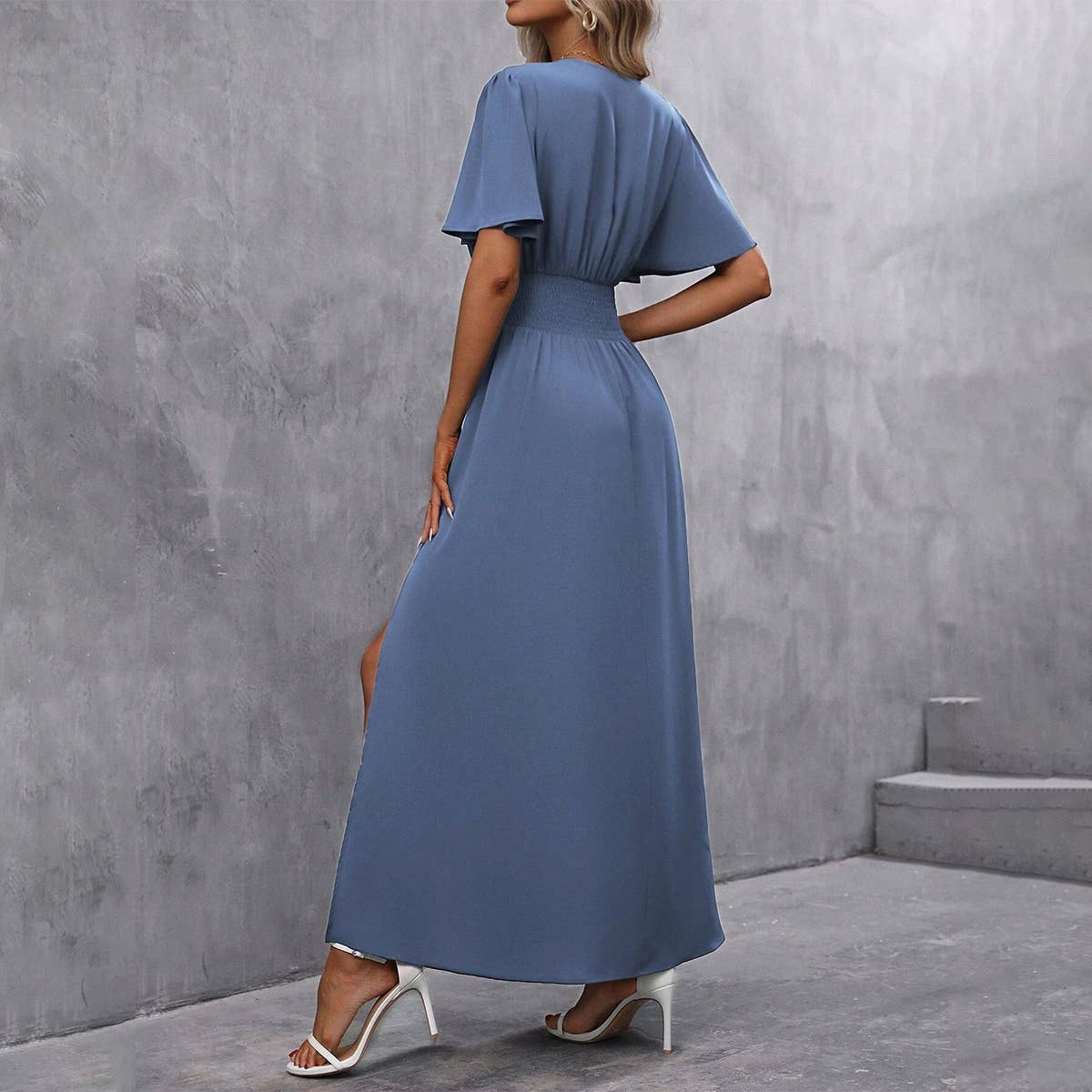 DEEP V NECK WITH SPLIT SIDES PLEATED MAXI DRESS