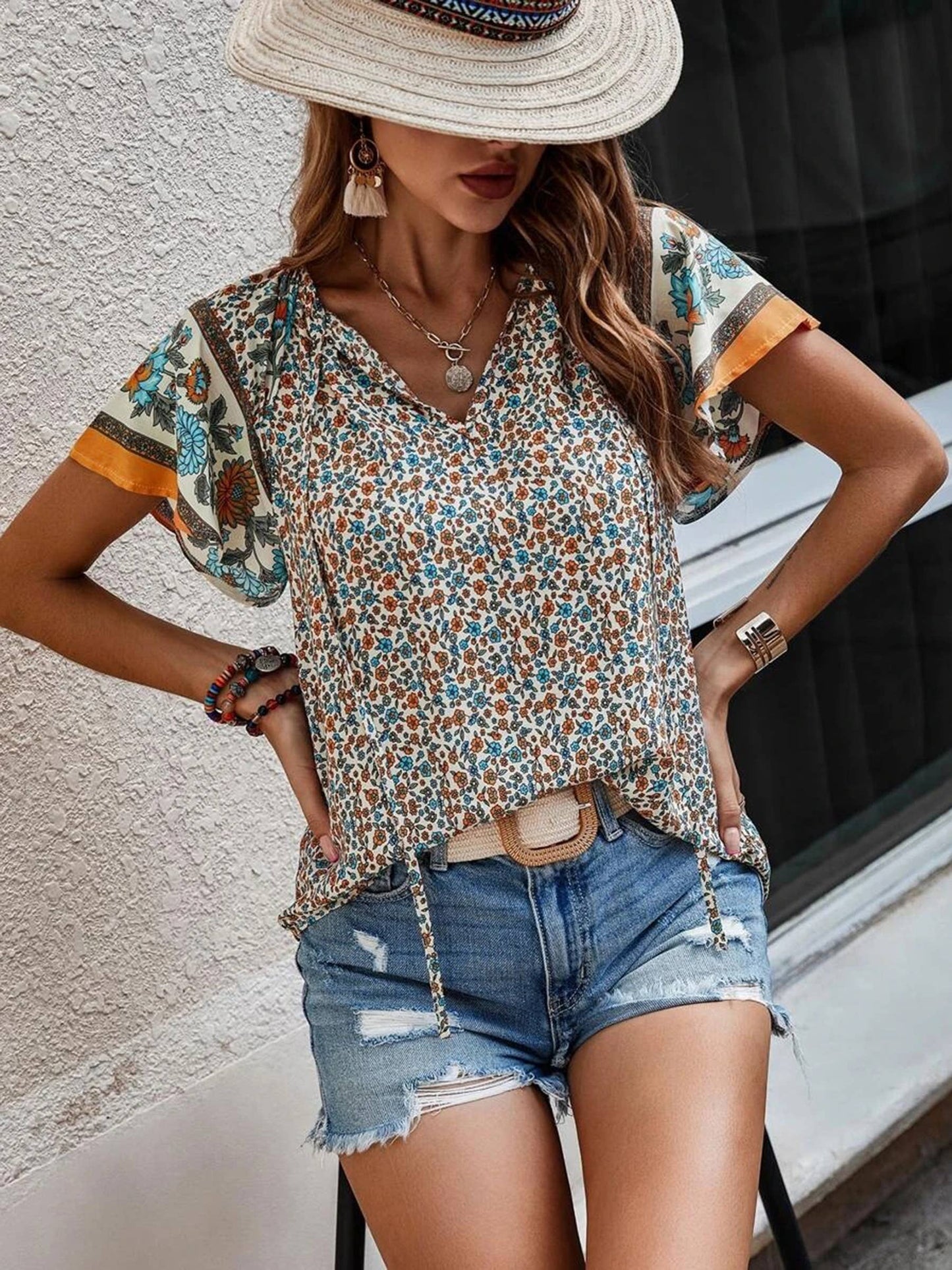 Printed V-neck Short Sleeved Loose Fitting Shirt