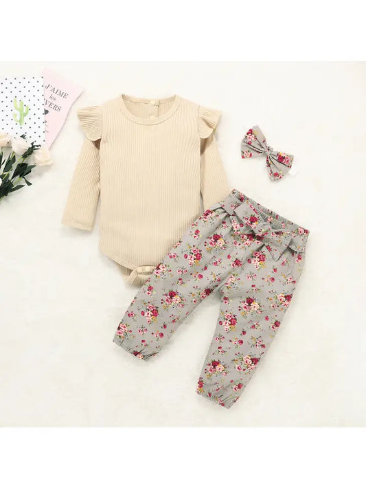 3pcs Khaki Body Suite Flowered Belted Pants Head Bow 0-3