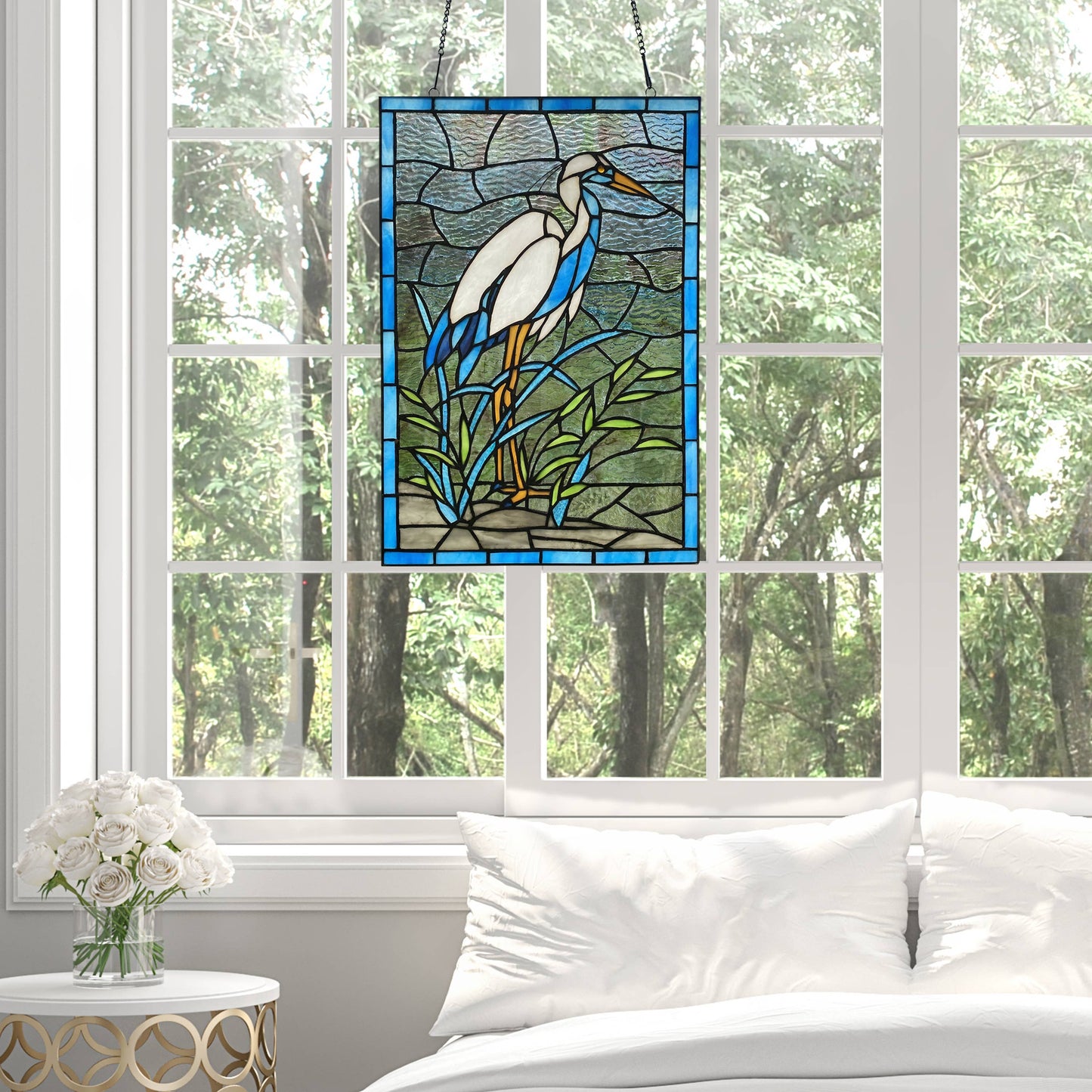 18"H Majestic White & Blue Crane Stained Glass Window Panel