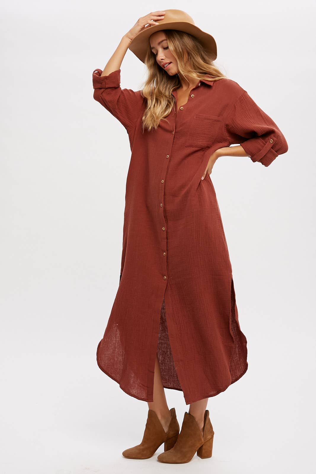 BUTTON UP MAXI SHIRT DRESS WITH POCKET