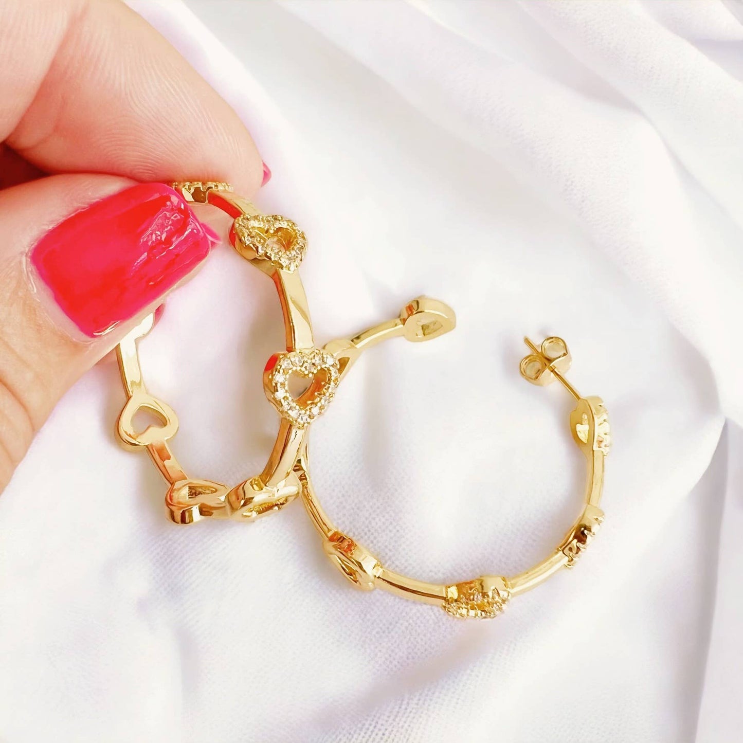 Sweetheart Heart CZ Statement Hoops Earrings Gold Filled