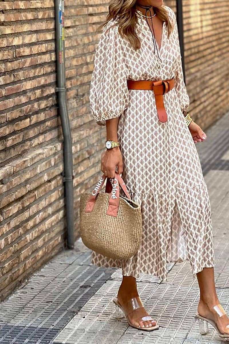 WOMEN PATTERNED BUTTON DOWN LONG LENGTH DRESS