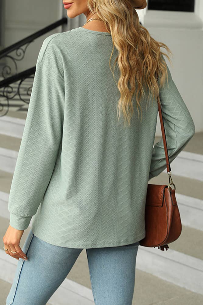 Solid V Neck Buttoned Jacquard Fall Blouse Top