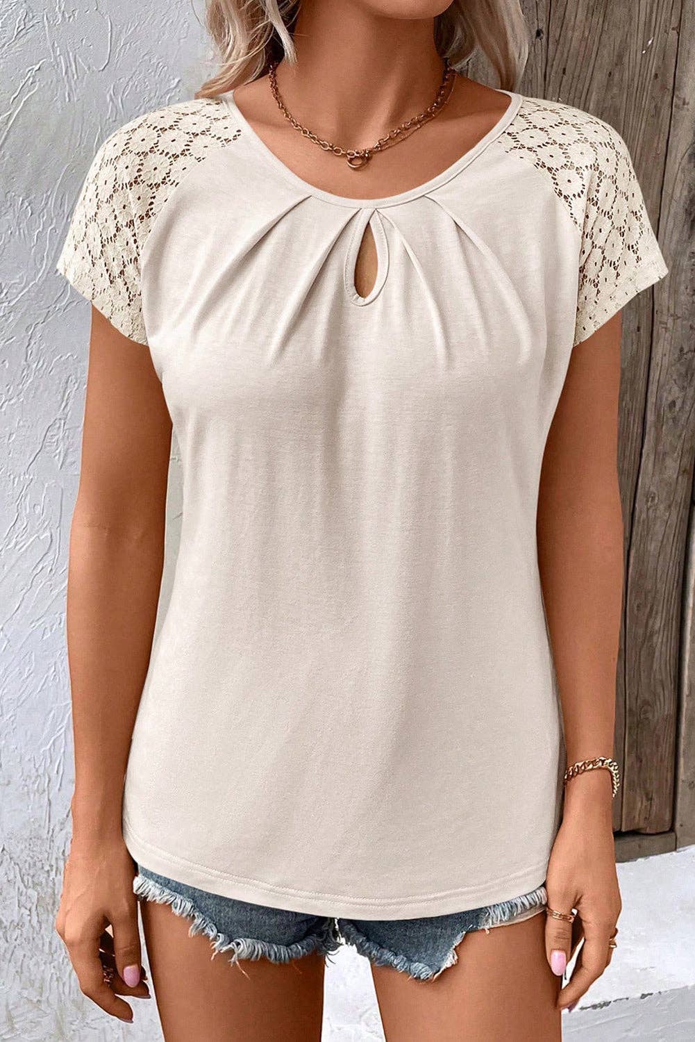 White  Lace Sleeve Keyhole Decor Top