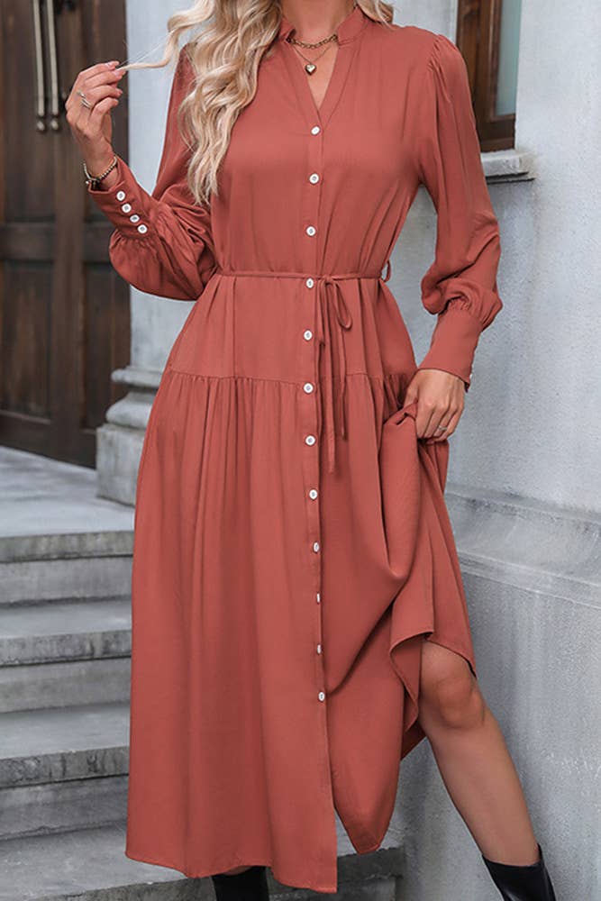 Fall Button Up Solid Maxi Dress