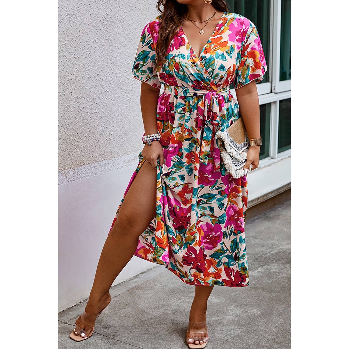 Plus Size Floral Print Cross Belt Fit Dress