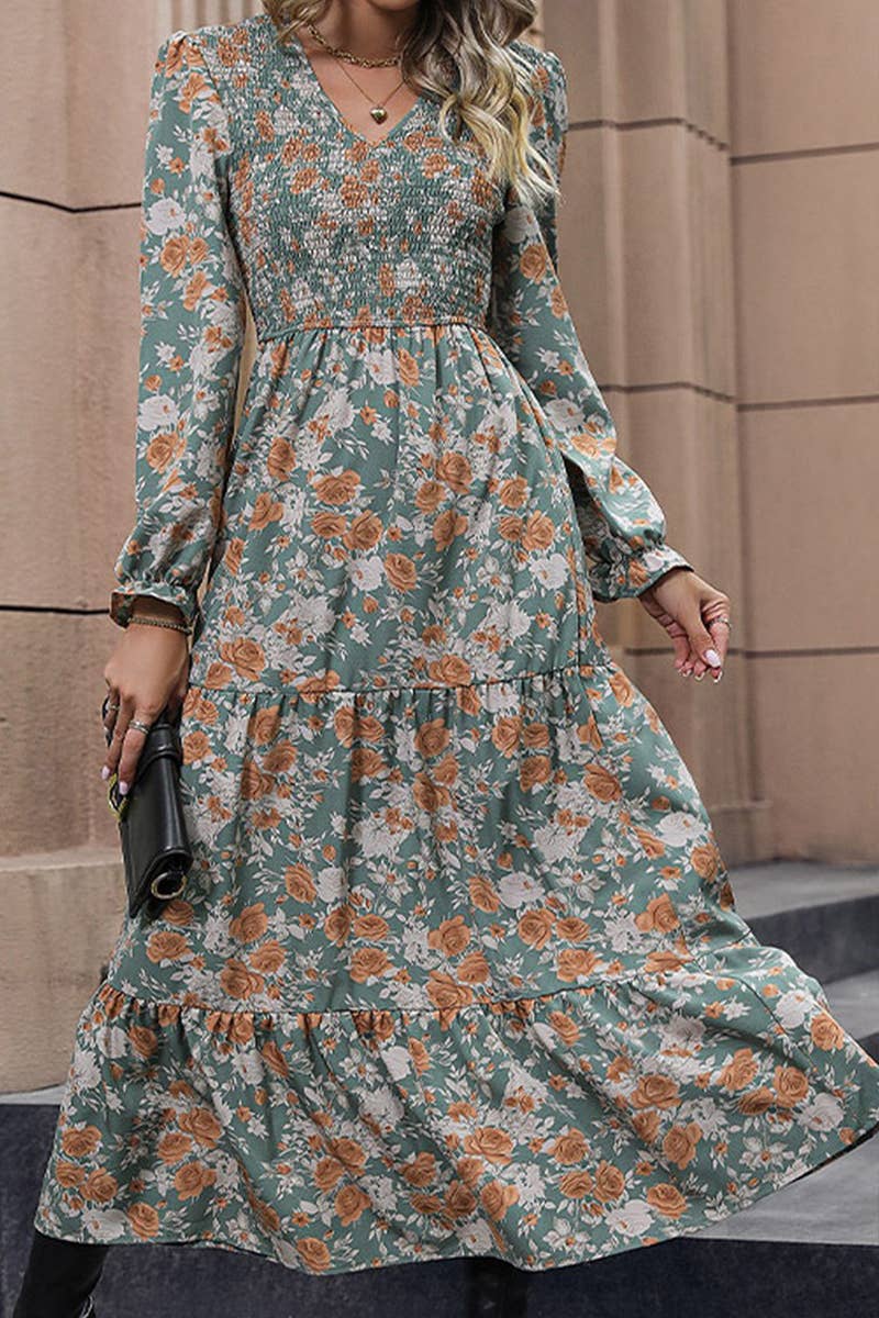 WOMEN RUFFLE LONG SLEEVE SMOCKED MAXI DRESS