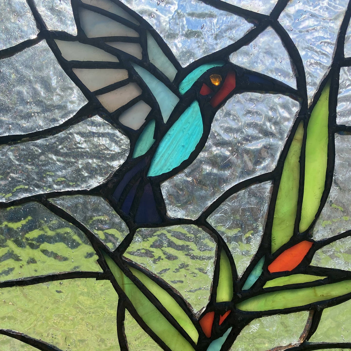 10"H Happy Hummingbird Stained Glass Window Panel