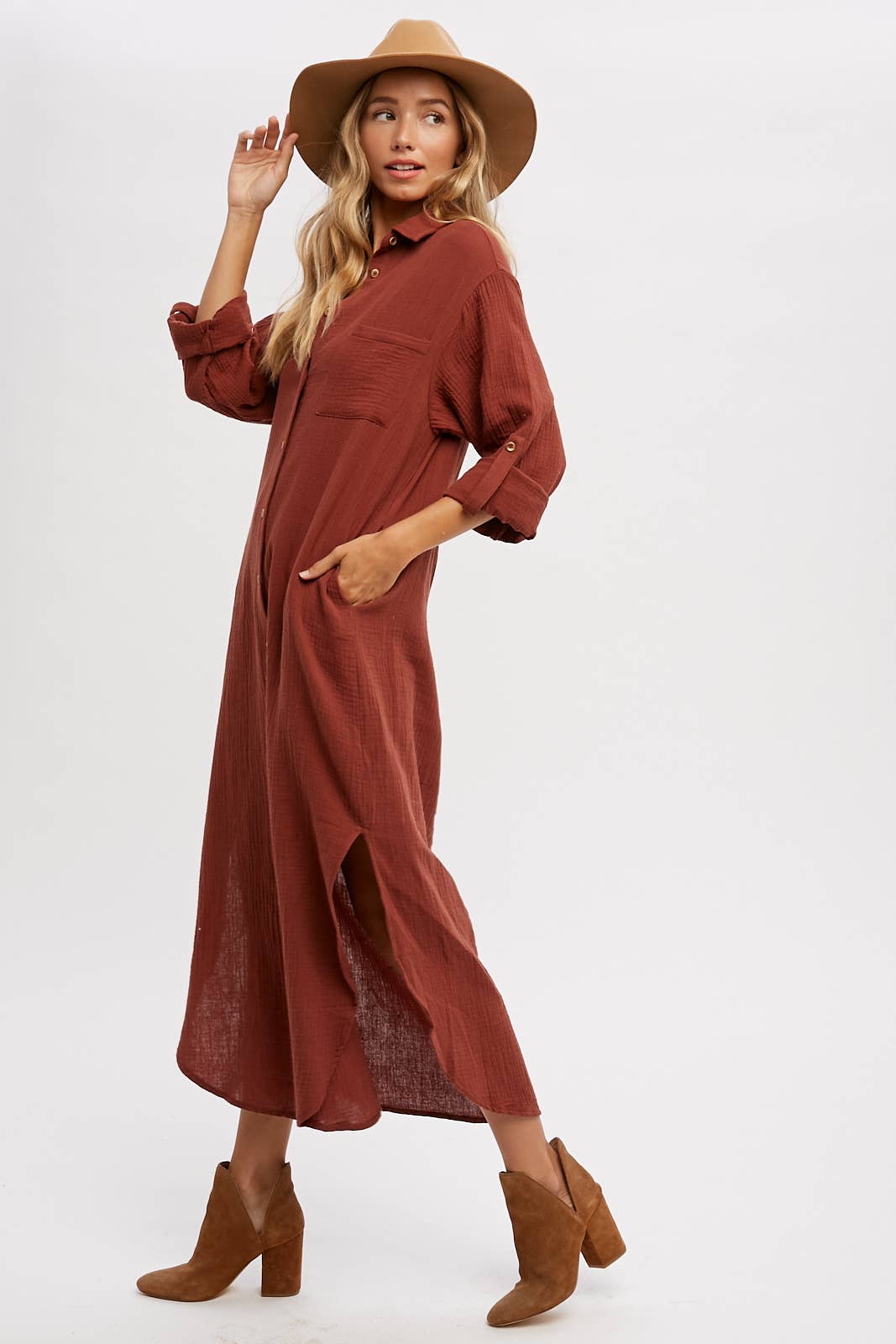 BUTTON UP MAXI SHIRT DRESS WITH POCKET