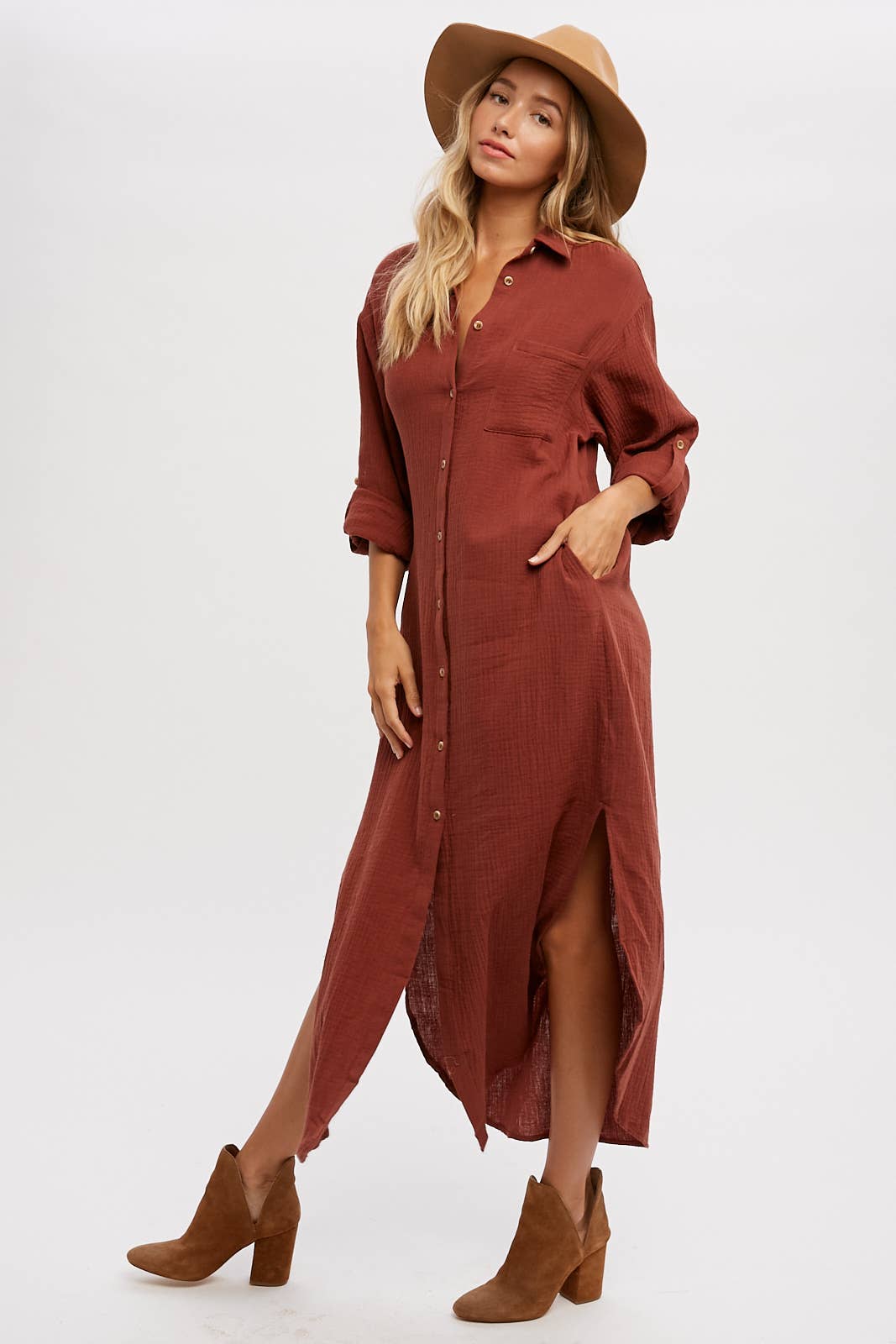 BUTTON UP MAXI SHIRT DRESS WITH POCKET