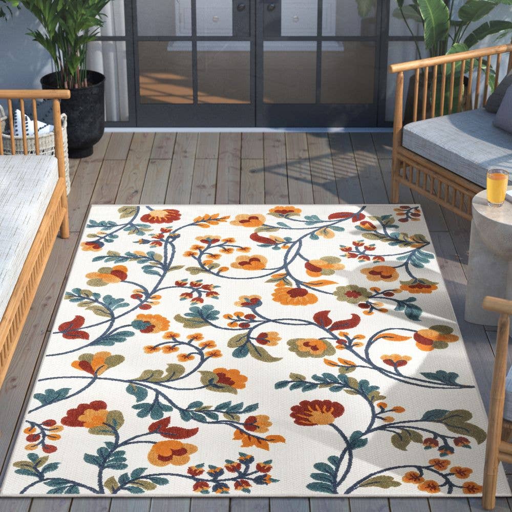 Neveh Beige Modern Floral Indoor Outdoor Rug