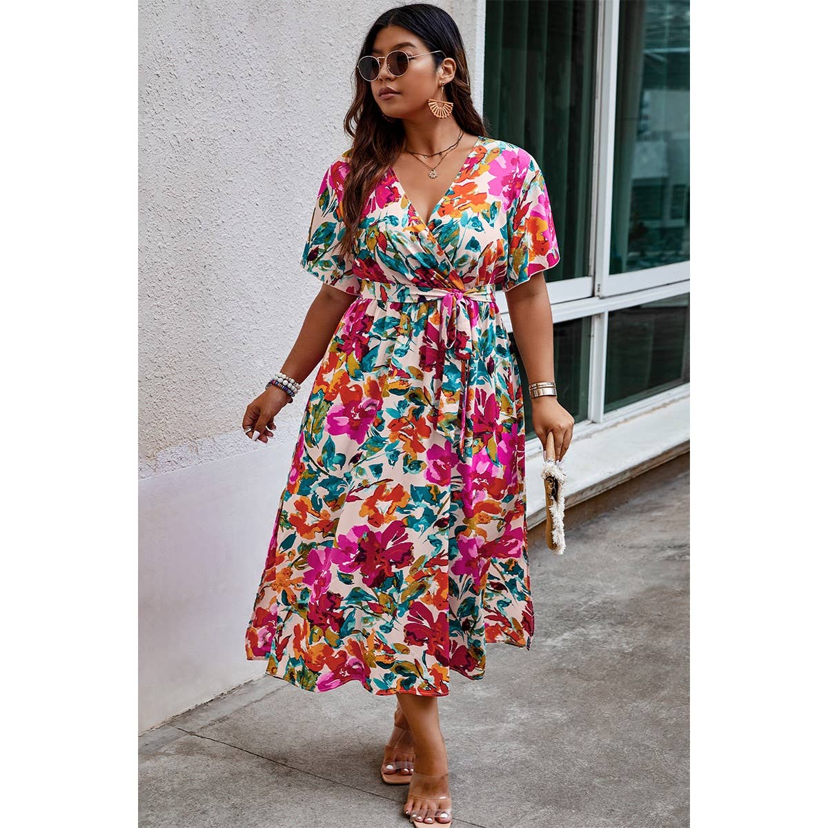 Plus Size Floral Print Cross Belt Fit Dress