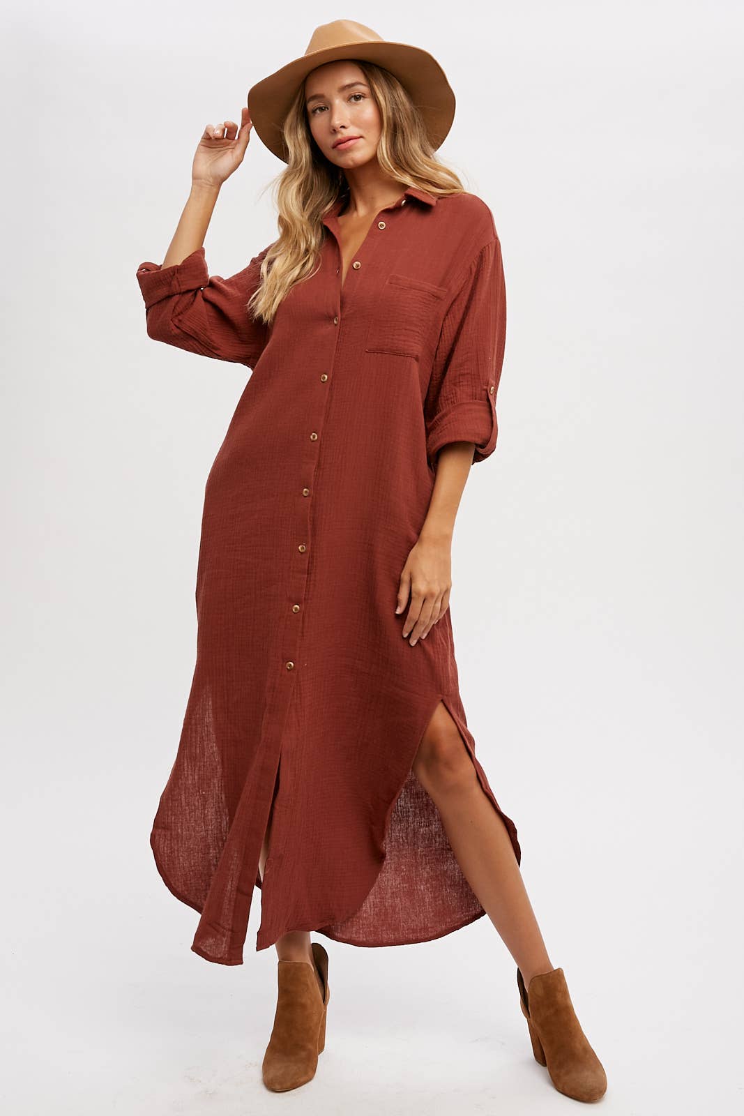 BUTTON UP MAXI SHIRT DRESS WITH POCKET