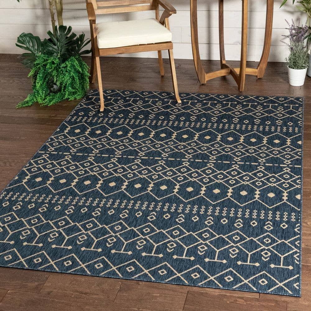 Nord Moroccan Tribal Indoor Outdoor Blue Flatweave Rug