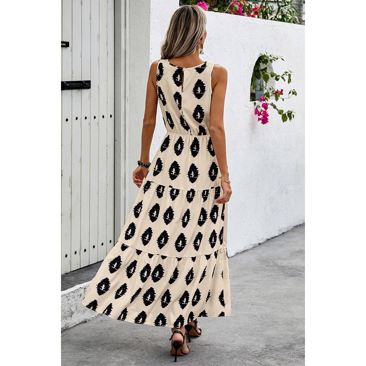 Sleeveless Printed Elastic Waist Ruffle Full Dress