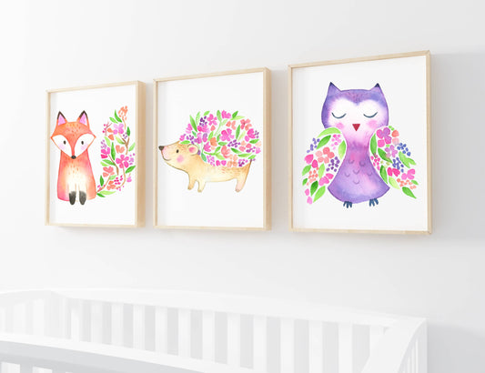 Set of 3 Nursery Wall Art Prints Floral Woodland Collection