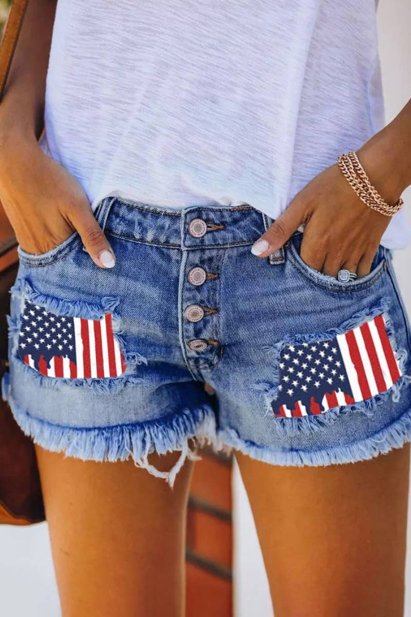 PATRIOTIC PRINTED APPLIQUE DENIM SHORTS