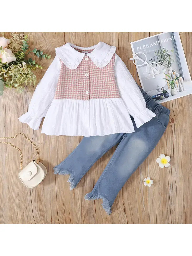 2-piece Toddler Girl Splice Top Ripped  Denim Jeans Set