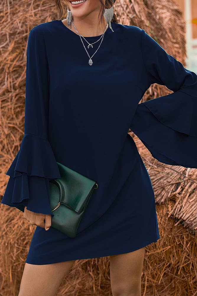 Navy Trumpet Ruffle Sleeves Mini Dress