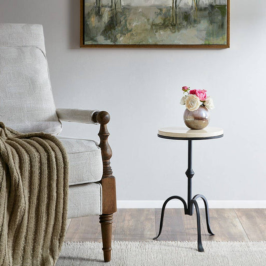 Cream Marble Accent Table with Curved Metal Legs