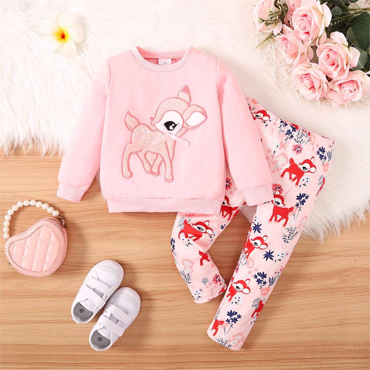 2pcs Toddler Girl Deer Pattern Sweatshirt and Leggings Set